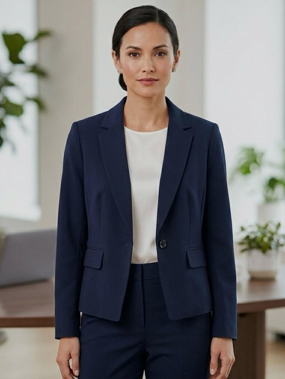 🔴 Talbots Petite 6P Navy Blue Triacetate Travel Blazer Machine Washable Career